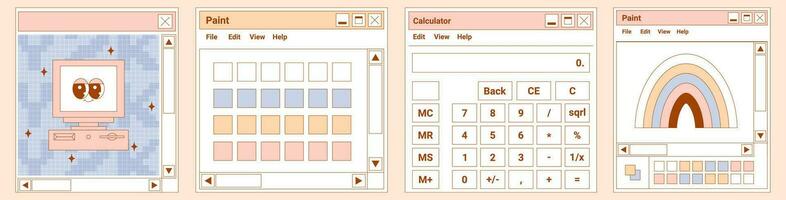 User Interface y2k set cards. Retro stickers Browser windows. Cute personal computer character with psychedelic smile and emotion, Paint, Calculator. Delicate pastels vector illustration.