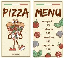 Pizza comida menú para restaurante, cafetería, pizzería. retro maravilloso dibujos animados personaje. Clásico mascota psicodélico sonrisa, emoción. miedoso vector ilustración