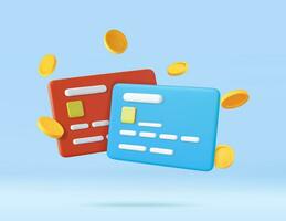 3d Credit card, floating coins around vector