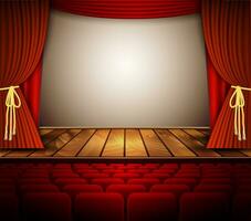 A theater stage with a red curtain, seats. vector