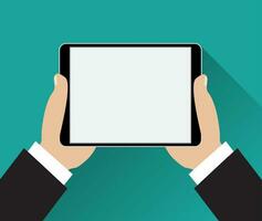 Hands holding black tablet computer vector