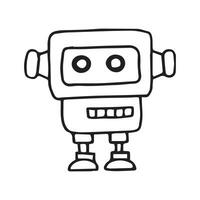 vector drawing in doodle style, cute robot. funny character for children, black and white line drawing.