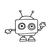 vector drawing in doodle style, cute robot. funny character for children, black and white line drawing.