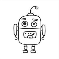 vector drawing in doodle style, cute robot. funny character for children, black and white line drawing.