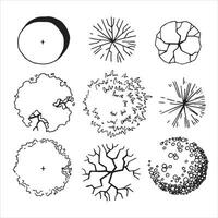 set of trees, hand drawing, top view. architectural ink drawing, vector. vector