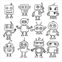 dibujo vectorial en estilo garabato. conjunto de lindos robots. dibujo lineal para niños. robots divertidos vector