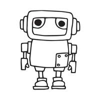 vector drawing in doodle style, cute robot. funny character for children, black and white line drawing.