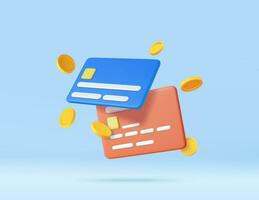 3d Credit card, floating coins around vector