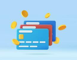 3d Credit card, floating coins around vector