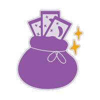 Pouch with Tarot cards and decorative stars. Cute character with fortune telling cards. Sticker vector