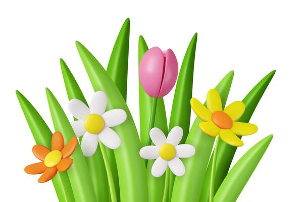 3d realistic daisies, grass and leaves