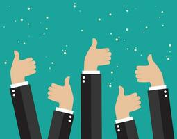 Cheering business people holding many thumbs vector