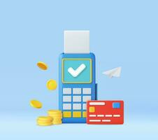 3d payment processing. Financial transactions, bank card, terminal for buying process, coins. vector