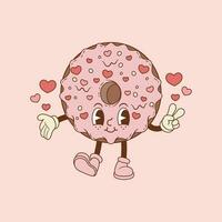 retro illustration of doughnut with hearts and pink cream, retro doughnut smiling vector