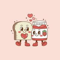 retro ilustración de un pan y mermelada en amor y con corazones, dos rebanadas de un pan en amor vector