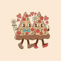 cute illustration of pizza couple in love, two pizza triangles vector