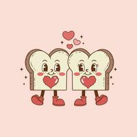 retro ilustración de un pan y mermelada en amor y con corazones, dos rebanadas de un pan en amor vector