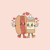 retro illustration of hot dog and jar of mustard as a couple and in love vector