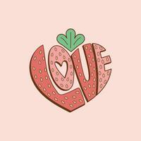 linda ilustración de el palabra amor con fresa piel textura, palabra amor en el forma de un corazón y fresa textura vector