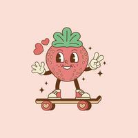 retro illustration of strawberry on a skateboard vector