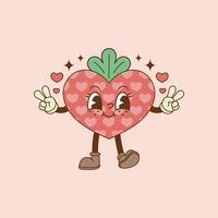 cute retro cartoon illustration of strawberry in the shape of heart and smiling vector