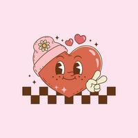 linda retro ilustración de corazón sonriente y vistiendo un gorra vector