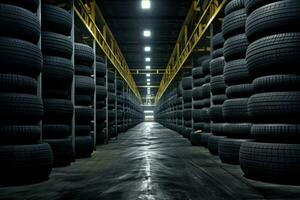 AI generated Car tires in a warehouse. 3d rendering toned image, Car tires at warehouse, AI Generated photo