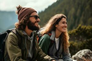 AI generated Happy young couple hiking in mountains. They are looking at each other and smiling, Carefree couple enjoys in view while taking break during hiking in nature, AI Generated photo