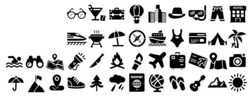 Big summer vacations icon set. Vector thin line illustrations with objects, activities and places related with traveling, tourism, outdoors in the beach and mountain, camping, resorts and hotels.