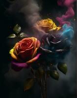 AI generated three roses with smoke and colors photo