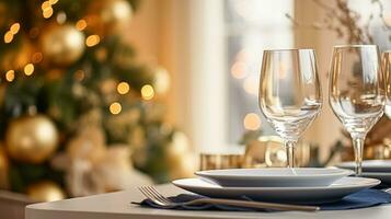 Navidad fiesta familia desayuno, mesa ajuste decoración y festivo paisaje de mesa, Inglés país y hogar peinado foto
