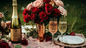 AI generated Wedding and event celebration tablescape with flowers, formal dinner table setting with roses and wine, elegant floral table decor for dinner party and holiday decoration, home styling photo
