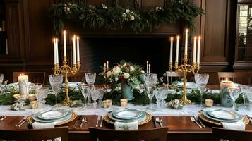 AI generated Christmas at the manor, holiday tablescape and dinner table setting, English countryside decoration and interior decor photo