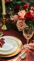 AI generated Elegant tablescape, formal dinner table setting with red roses and wine, elegant table decor for wedding, dinner party and holiday event decoration, home styling photo