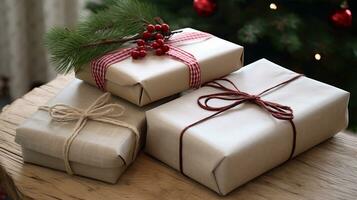 AI generated Christmas gift wrapping idea for boxing day and winter holidays in the English countryside tradition photo