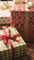 ai generado fiesta regalos y regalos, país cabaña estilo envuelto regalo cajas para boxeo día, Navidad, san valentin día y Días festivos compras venta, belleza caja entrega foto