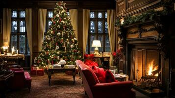 AI generated Christmas at the manor, English countryside decoration and interior decor photo