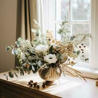 AI generated Floral arrangement with winter, autumn or early spring botanical plants and flowers photo