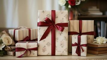 AI generated Christmas gift wrapping idea for boxing day and winter holidays in the English countryside tradition photo