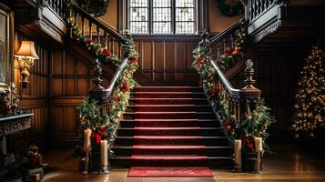 ai generado Navidad a el señorío, grandioso Entrada salón con escalera y Navidad árbol, Inglés campo decoración y interior decoración foto