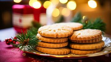 AI generated Christmas biscuits, holiday biscuit recipe and home baking, sweet dessert for cosy winter English country tea in the cottage, homemade food and cooking photo