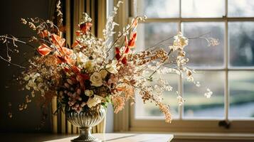 AI generated Floral arrangement with winter, autumn or early spring botanical plants and flowers photo