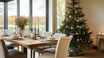 ai generado Navidad fiesta familia desayuno, mesa ajuste decoración y festivo paisaje de mesa, Inglés país y hogar peinado foto