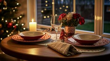 ai generado festivo fecha noche paisaje de mesa idea, cena mesa ajuste para dos y Navidad, nuevo año, san valentin día decoración, Inglés país hogar peinado foto