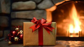 AI generated Christmas gift box near cosy fireplace in the English country cottage, winter holidays, boxing day celebration and holiday shopping photo