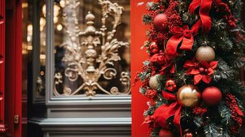 ai generado Navidad decoración detalles en Inglés estilizado lujo alto calle ciudad Tienda puerta o compras ventana mostrar, fiesta rebaja y tienda decoración foto