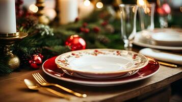 AI generated Dishware and crockery set for winter holiday family dinner, Christmas homeware decor for holidays in the English country house, gift set and home styling photo