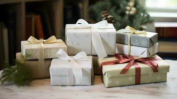 AI generated Christmas gift wrapping idea for boxing day and winter holidays in the English countryside tradition photo