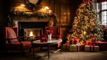 AI generated Christmas at the manor, English countryside decoration and interior decor photo