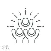 Group happy people icon. Simple outline style. Active kid, joy, fun team, enjoy, fan, freedom concept. Thin line symbol. Vector illustration isolated. Editable stroke.